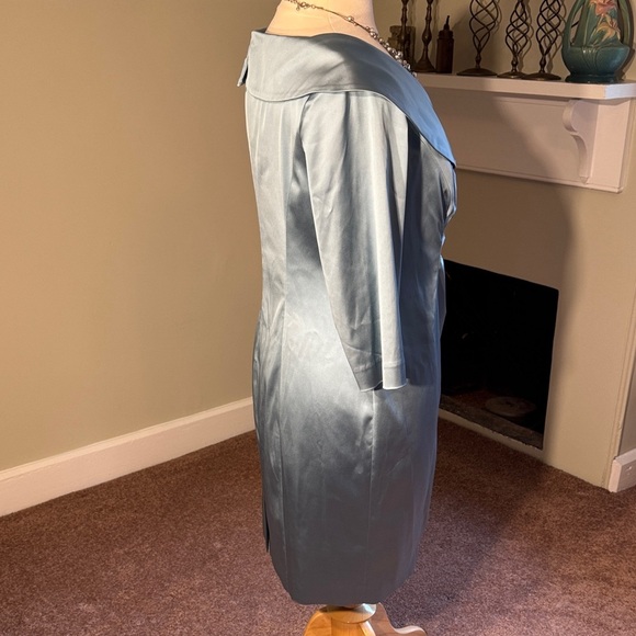 Elegant Kay Unger Steel Blue Satin Long Sleeve Dress Size 16W - Picture 3 of 11